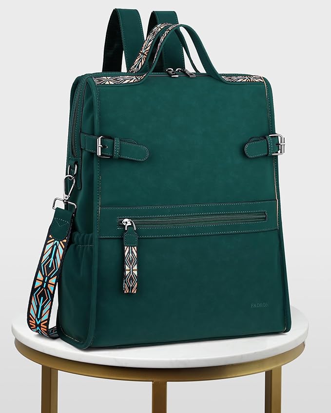 FADEON Leather Laptop Backpack for Women, Designer Ladies Work Travel Computer Backpack with Laptop Compartment Suede Green