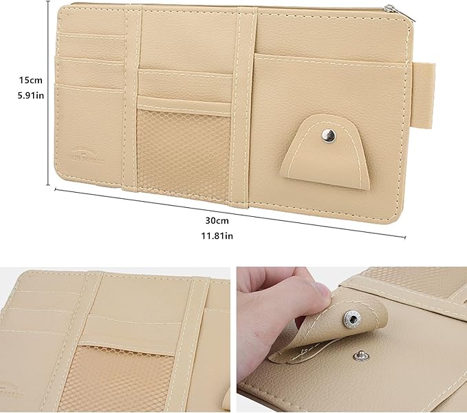 Grey Multifunctional Car Sun Visor Organizer Sun Visor Caddy Sunvisor Pouch Visor Storage with a Zipper Bag Car Visor Accessories,3 Cards Holder,CD Glasses Pen Holder