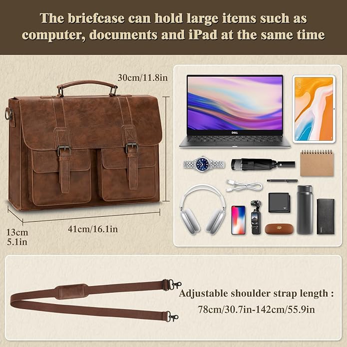 Leather Messenger Bag for Men 15.6 Inch Vintage Laptop Bag Waterproof Briefcases for Men Computer Bag Satchel for Work/Office