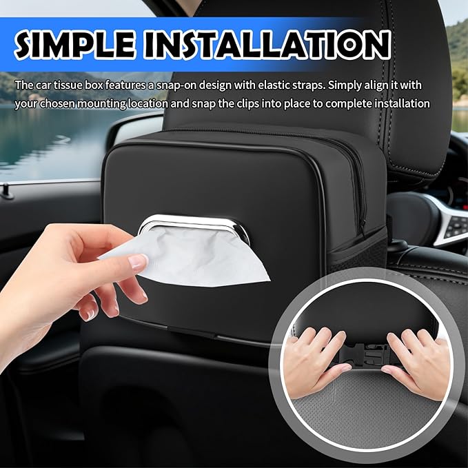 Leather Car Tissue Holder,Upgraded Large Capacity Car Tissue Box Cover with Side Mesh Pockets & Zipper,Foldable Tissues Holder in Cars for Sun Visor & Headrest Organizer