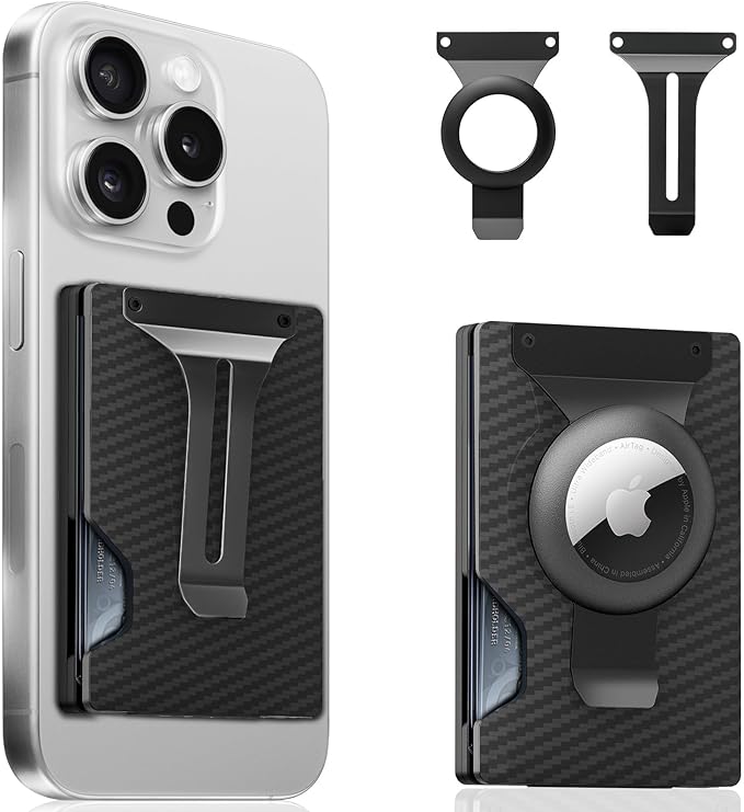 Magnetic Phone Wallet Compatible with Apple MagSafe - Metal Card Holder with AirTag Holder, RFID Blocking & Money Clip Mag Safe Wallet for iPhone 16 15 14 13 12 Pro Max/Pro/Plus/Mini,Carbon Fiber