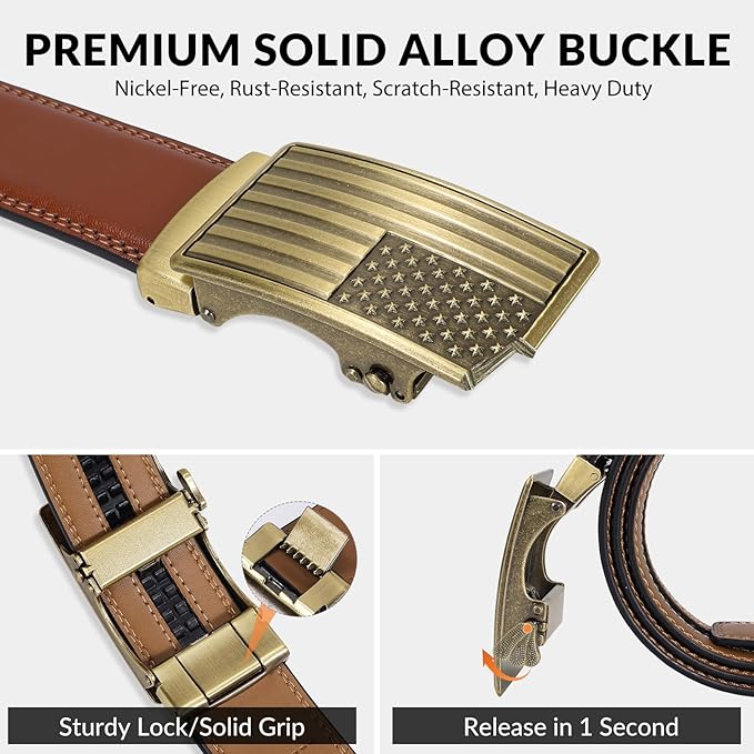 SANSTHS Mens Ratchet Belts Leather 1 3/8" for Men Dress and Casual, Adjustable Click Belts with American Flag Buckles