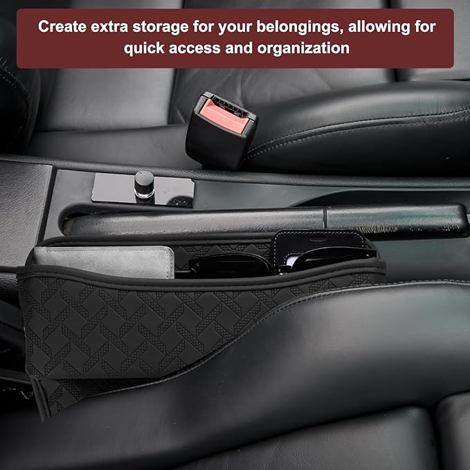 HARFINGTON 2pcs Car Seat Gap Filler Organizer 11.5 x 8 x 2.1 Inch Leather Universal Car Organizer Storage Box Between Seat and Console for Phone Sunglasses Keys, Black