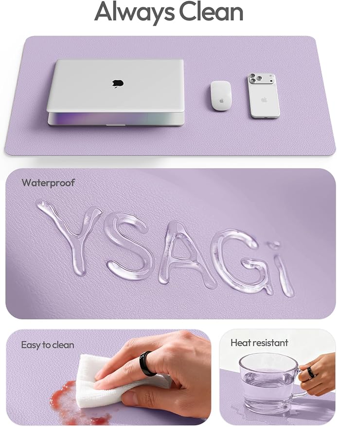 YSAGi Leather Desk Protector, Office Mat, Large Mouse Mat, Non-Slip PU Leather Blotter, Laptop Desk, Waterproof Writing Pad for Office and Home (Light Purple, 35.4" x 17")