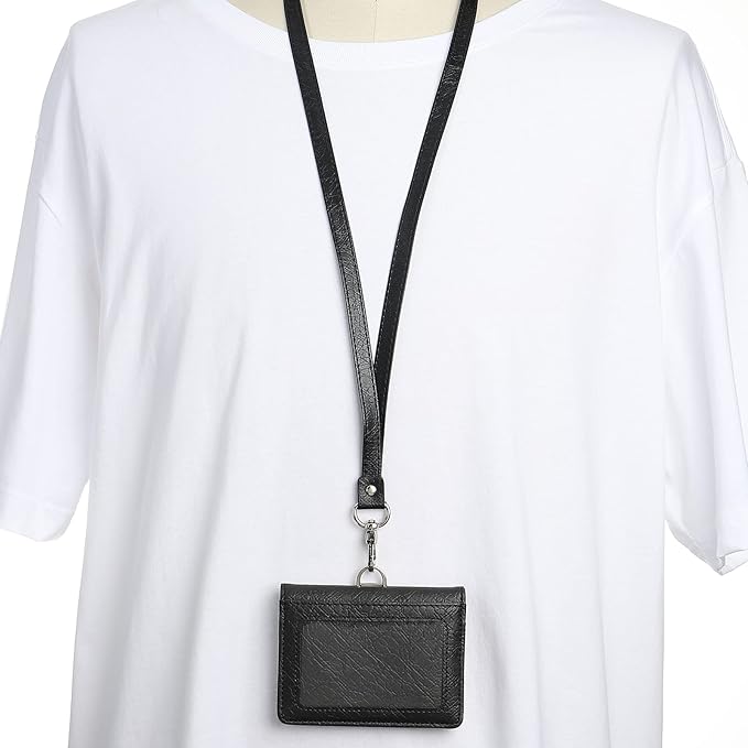 MECCANIXITY ID Badge Holder with Lanyard, PU Leather Horizontal Magnetic Folded 5 Card Slots Clear Window for Office, Black