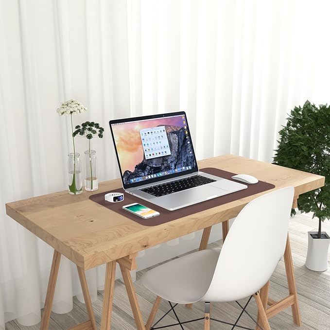 Hsurbtra Desk Pad, 23.6" x 13.8" PU Leather Desk Mat, M Extended Mouse Pad, Waterproof Desktop Blotter Protector, Non-Slip Ultra Thin Small Laptop Keyboard Writing Mat for Office Home, Dark Oak
