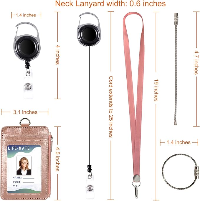 Badge Holder with Zipper, Life-Mate PU Leather ID Badge Card Holder Wallet Case with 5 Card Slots Zipper Pocket 19" Polyester Neck Lanyard Heavy Duty Metal Retractable Badge Reel (Rose Gold)