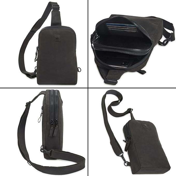 Leather Sling Bag for Women Genuine Crossbody Purse Small Trendy Cross Over Chest Phone and Credit Card Slots (Black Crazy Horse)