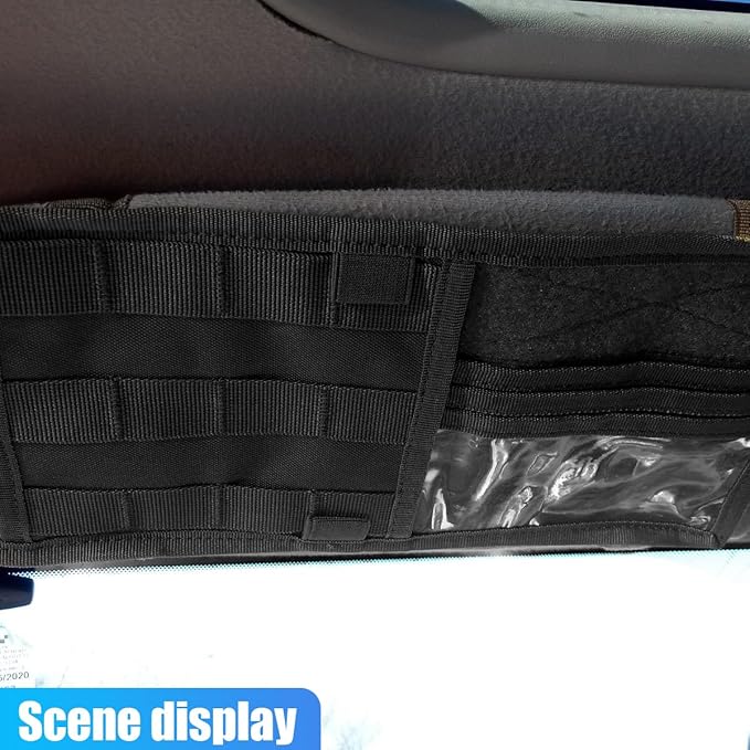 ZIMISI Molle Car Visor Organizer, Tactical Sun Visor Panel Organizer with Elastic Strap, Nylon Sunshade Storage Pouch with Magic Strap for Pen Card Sunglass, Fits for Car, SUV, Truck (Black)