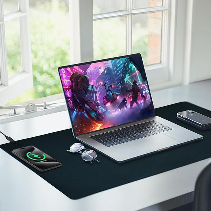 Desk Mat with Wireless Charging, Black Mouse Pad with Wireless Charger, Desk Pad Matt for Desktop, Mousepad Gaming Large Mouse Pad, Leather Compute for Keyboard and Mouse, 32" x 16"