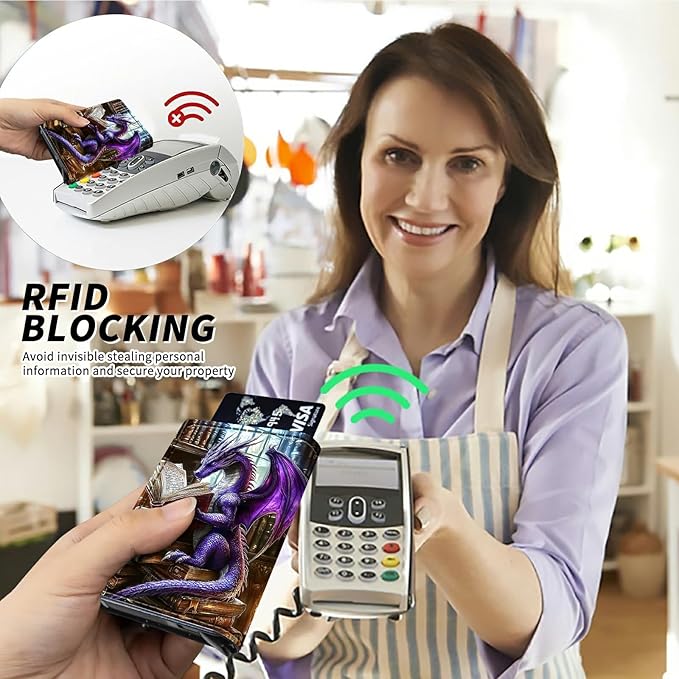 Minimalist Wallet for Men's Card Holders, Pop-Up Card Case Durable Wallets for Women, Leather Automatic Credit Card Holder with Metal Money Clip RFID Blocking Bifold Pocket, Purple Dragon Book