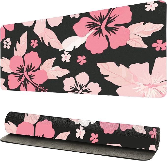 Hibiscus Flowers Desk Mat for Women, Large Waterproof PU Leather Desk Pad with Non-Slip Base, Artistic Office Keyboard Cover for Gaming & Home Work, Tropical Desk Decor (23.6x11.8 Inch)