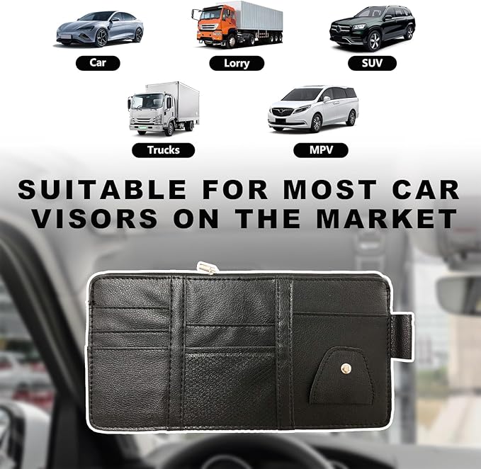 Ohleats Car Sun Visor Organizer, Multifunctional Visor Storage Holder for License Pen Key, Leather Card Cash Pouch with Multi-Pocket Net Zipper, Universal Interior Car Accessories (Black)