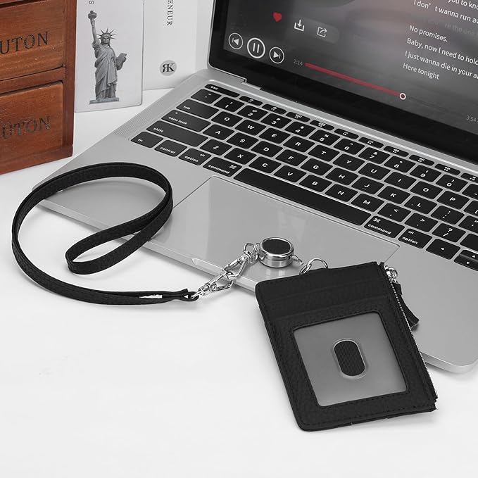 SENDEFN Retractable Badge Holder Wallet, Genuine Leather ID Card Holder with Removable Neck Lanyard Clasp, Five Card Slots, for Office Staff Women