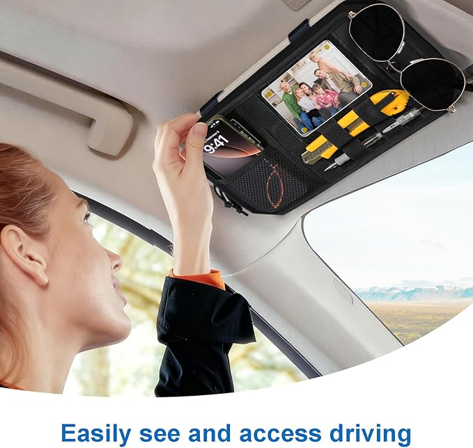 Car Sun Visor Organizer,Truck Accessories with Photo Frame & Zippered Pocket, Universal Visor Organizer Bag with Acrylic Window, Fits Most Cars for Storage