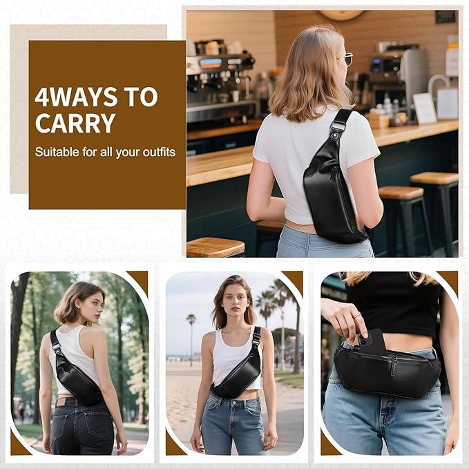 Faux Leather Belt Bag for Women, Crossbody Fanny Pack with Adjustable Strap, Back Zipper Pocket, Large Capacity Waist Pack for Travel, Concerts, Black