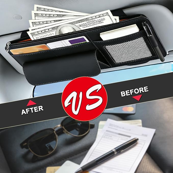 Car Visor Organizer - Sun Visor Storage with Sunglasses Holder,Visor Document Holder and Card Clip Leather Car Interior Accessory Fit for Truck SUV Vehicle
