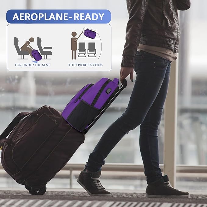 LARIPOP Carry On Backpack for Airplane, 15.6 Inch Laptop Backpack with USB Charging Port, Water Resistant Business Travel Backpack, Lightweight College School Bookbag Anti Theft for Men Women, Purple