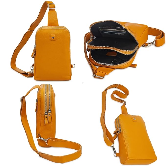 Leather Sling Bag for Women Genuine Crossbody Purse Small Trendy Cross Over Chest with Phone and Credit Card Slots (Mustard Nappa)