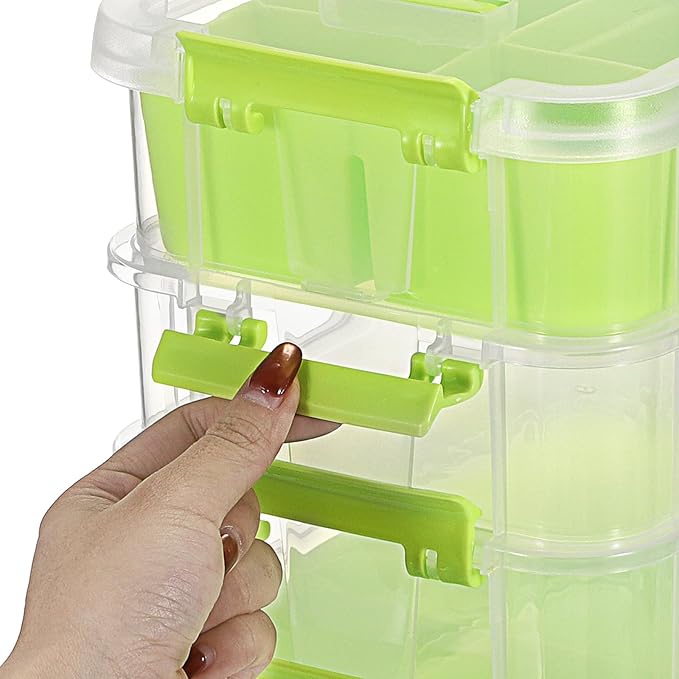 JUXYES 4-Tiers Stack Carry Storage Box With 2 Divided Tray, Transparent Stackable Storage Bin With Handle Lid Latching Storage Container for School & Office Supplies, Green