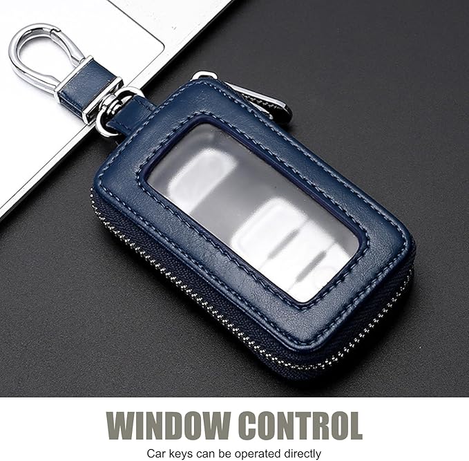 Leather Car Key Fob Case, 2.2" x 3.5" Car Key Fob Protective Cover with Zipper and Metal Hook, Double Layer Smart Remote Key Fob Case Holder, Universal Keychain Bag for Most Cars (Royal Blue)