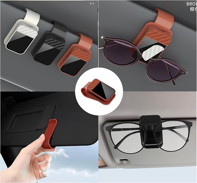 Car Visor Organizer, ABS Sunglasses Holder Clip with Document & Card Pockets, Multi-Pocket Sun Visor Storage for Truck SUV Van (Brown)
