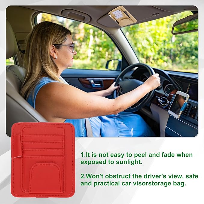 PATIKIL 1 Pcs Car Sun Visor Organizer, 6.1 x 4.9 Inch PU Leather Vehicle Storage Pouch Holder for Sunglasses Card Pen Driver License Car Accessories, Red