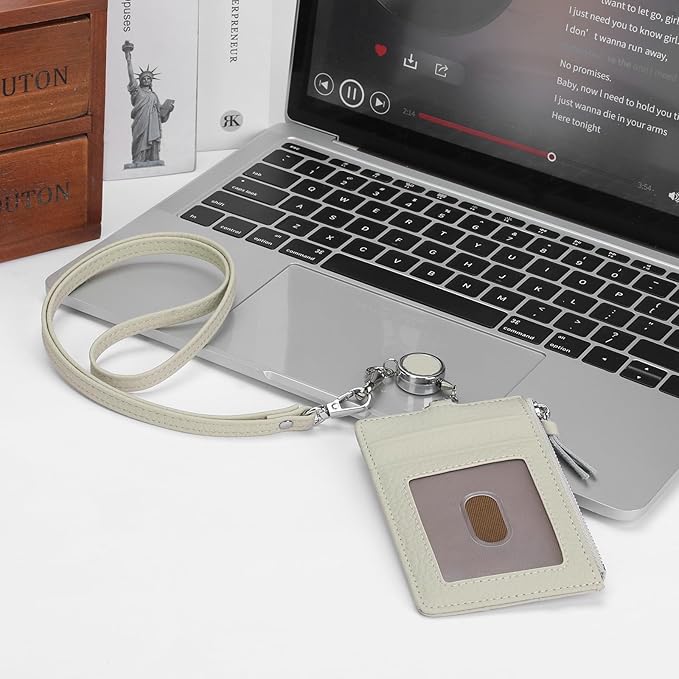 SENDEFN Retractable Badge Holder Wallet, Genuine Leather ID Card Holder with Removable Neck Lanyard Clasp, Five Card Slots, for Office Staff Women