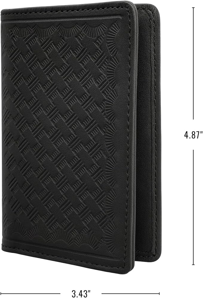 Leather Bifold Minimalist Double ID Card Credential Holder (Basketweave Black)