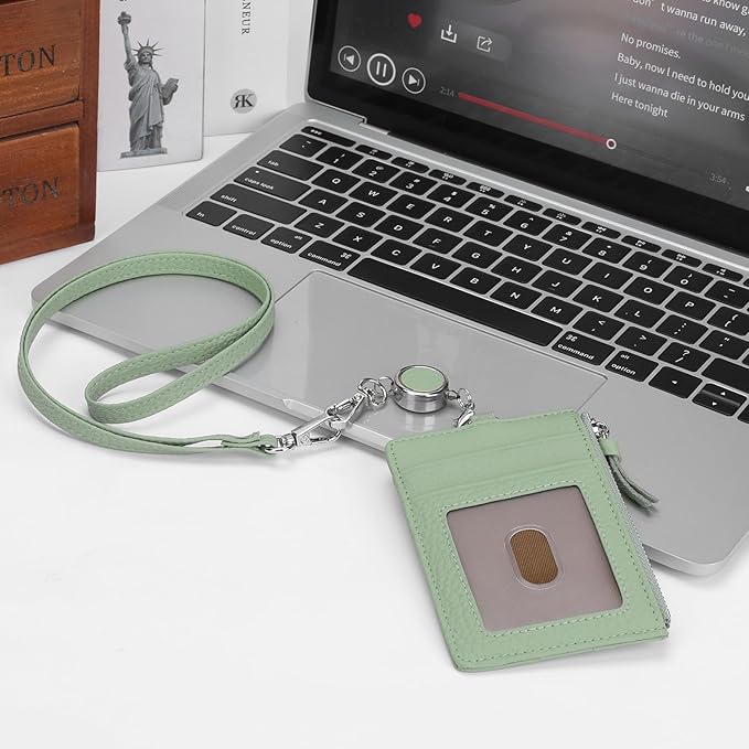 SENDEFN Retractable Badge Holder Wallet, Genuine Leather ID Card Holder with Removable Neck Lanyard Clasp, Five Card Slots, for Office Staff Women
