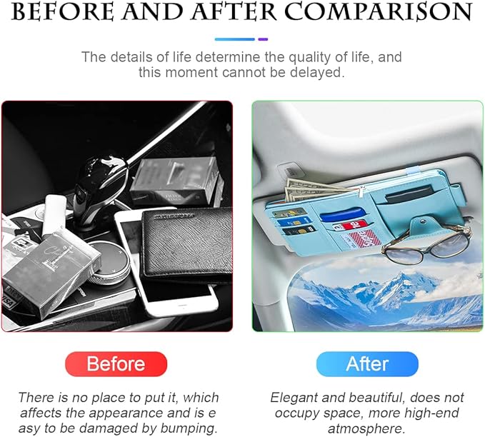 Car Sun Visor Organizer, Leather Storage Pocket Sun Visor Pouch with Zipper for Cards License Registration Pen Glasses Document, Fits Most Car SUV, Auto Interior Accessories for Men Women (Blue)