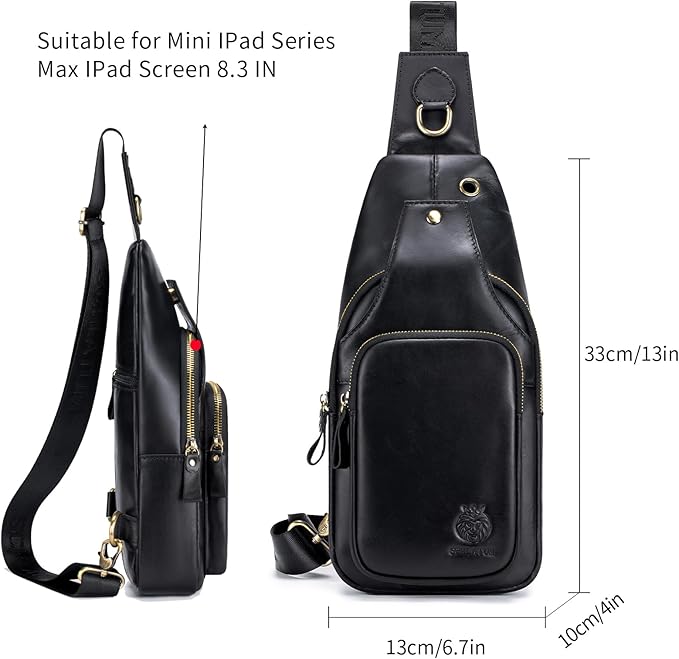 Mens Sling Bag Genuine Leather Crossbody Bags for Men Small Sling Chest Backpack Casual Man Bag Hiking Outdoor, Black