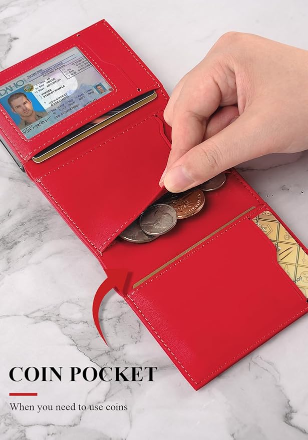 Small Wallet for Men-Pop Up Card Case,with Money Clip Slim Leather Slots Credit Card Holder RFID Blocking Trifold Minimalist Wallet with ID Window and Coin Purse(Red Small Wallet for Men Gift
