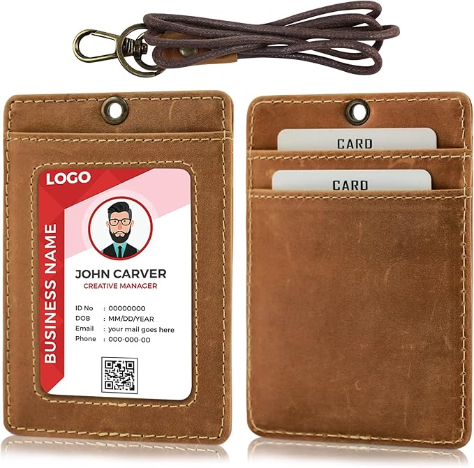 Boshiho Vertical Style Cowhide Leather ID Card Badge Holder with Heavy Duty Lanyard (Crazy Horse Leather)