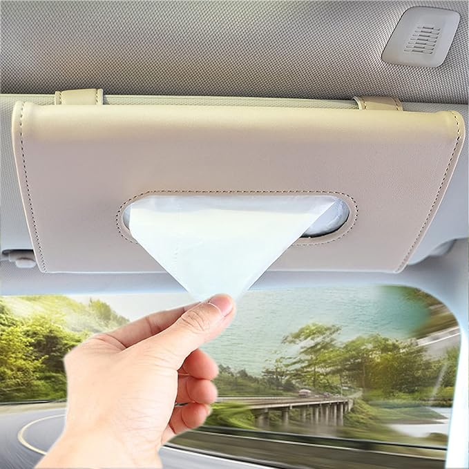 Khaki Car Tissue Refill Holder for Sun Visor, Hanging Tissue Clip, PU Leather