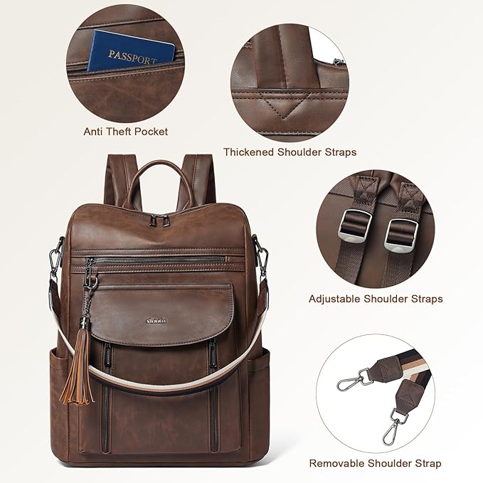 Shrrie Laptop Backpack for Women 15.6 inch,Travel Leather Backpack Purse Nurse Teacher Carry on Backpack Computer Bag,Professional Water-Resistant College Business Work Casual Daypack,Brown