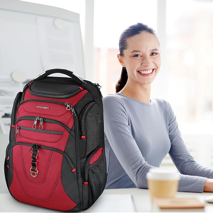 KROSER TSA Friendly Travel Laptop Backpack 17.3 inch XXXL Gaming Backpack Water-Repellent College Daypack Business Backpack with RFID Pockets & USB Port for Men/Women-Black/Red