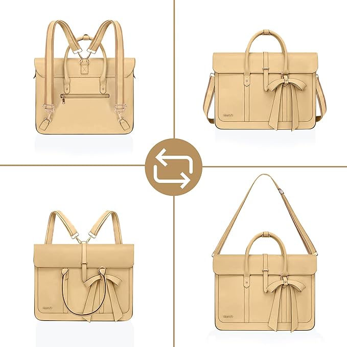 MOSISO Laptop Bag for Women, 15-15.6 inch PU Leather Laptop Shoulder Bags Convertible Backpack, 16 inch Messenger Bags Casual Handbag Work Briefcase Travel Computer Bag with Bowknot, Turmeric