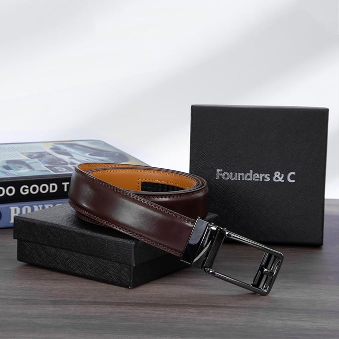 Founders & C Men's Leather Ratchet Comfort Click Belt Dress with Slide Buckle -Adjustable Trim to Fit
