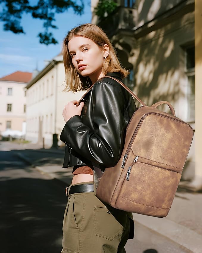 SYTRAH Leather Backpack for Women, Vintage 15.6 inch Laptop Backpack Purse for Women, College Casual Backpacks Ladies Computer Bags for Travel Business Work Camel