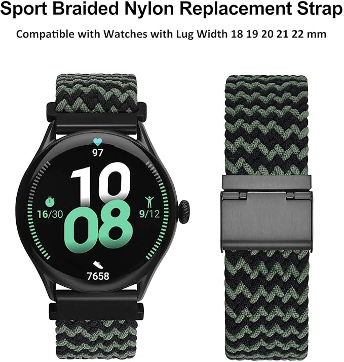 WOCCI 20mm Braided Nylon Watch Band for Men and Women, Quick Release, Black Stainless Steel Buckle (Green Black)