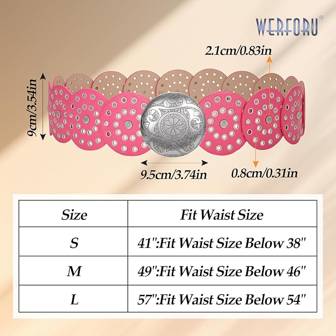 WERFORU Women Vintage Leather Belt Western Disc Waist Belts Ladies Western Belt Boho Belt for Dress Jean-