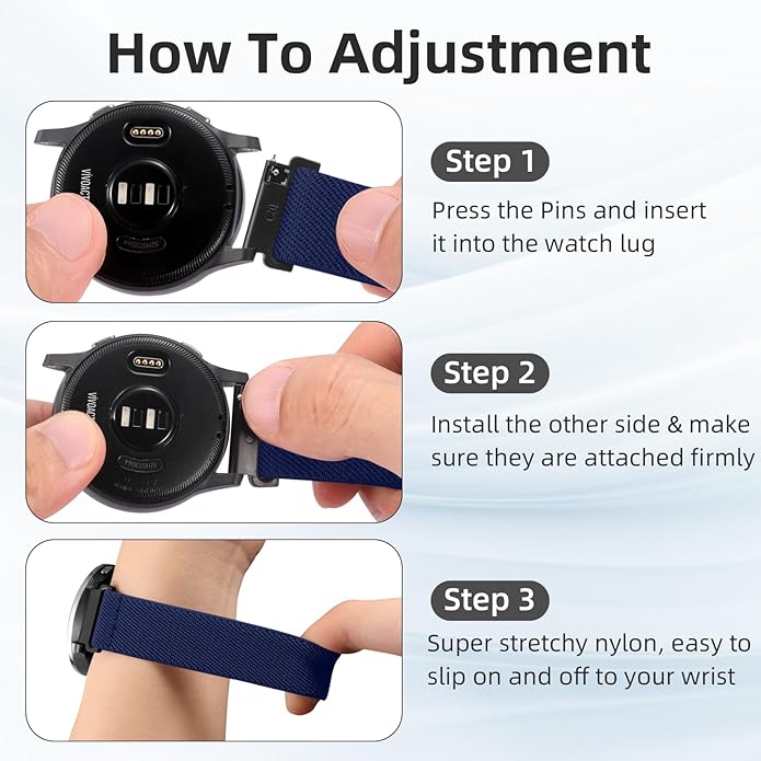 DaQin 3 Pack Nylon Watch Bands Compatible with 16mm 18mm 20mm 22mm Quick Release Watch Band, Adjustable Soft Stretchy Solo Loop Strap Elastic Braided Relacement Wristband for Men Women