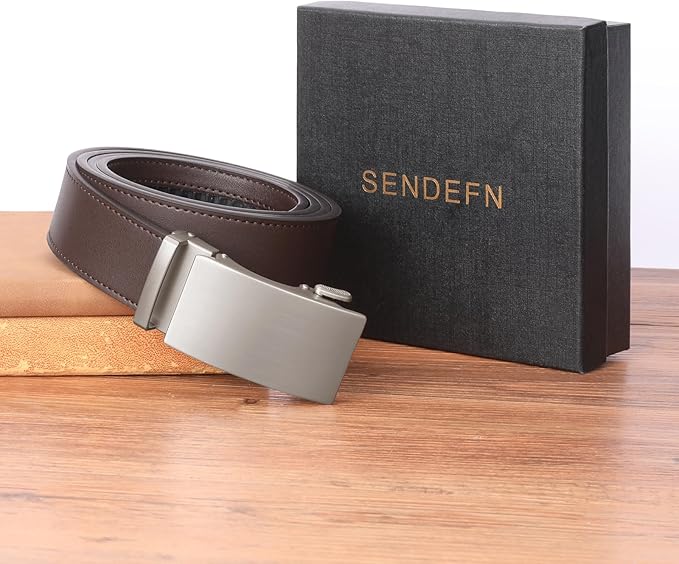 SENDEFN Men's Leather Belt Automatic Ratchet Buckle Slide Belt for Dress Casual Trim to Fit with Gift Box