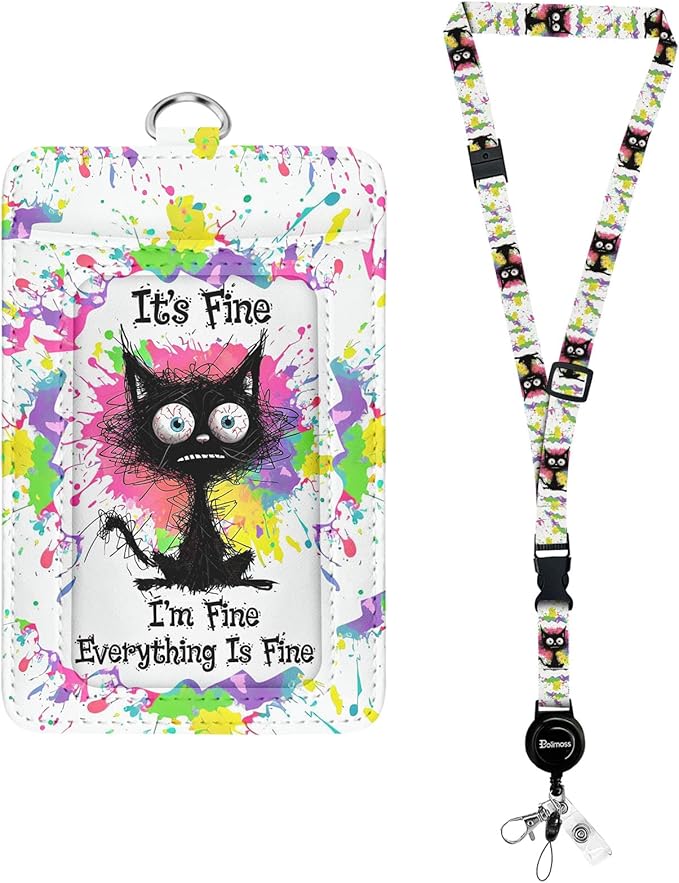 bolimoss Burnt Cat ID Badge Holder with Retractable Badge Reels, Funny Leather ID Badge Holder with Lanyard, Breakaway Neck Lanyards with Quick Release Buckles, ID Card Holder for Teacher Student Kids