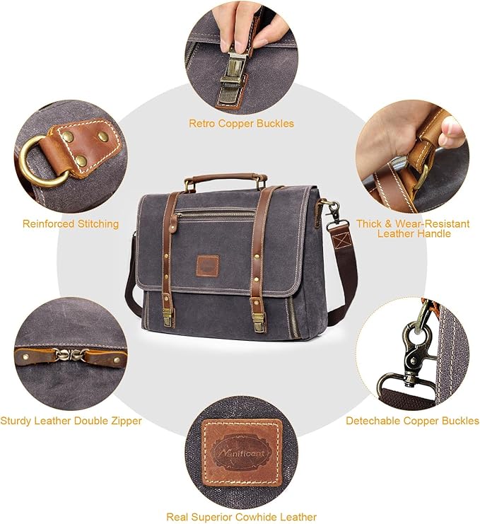 Manificent Laptop Messenger bag for Mens 15.6 Inch, Waterproof Vintage Genuine Leather Mens Briefcase shoulder bag 16 Storage Pockets, Waxed Canvas Leather Computer Business Satchel Work Bag (Gray)