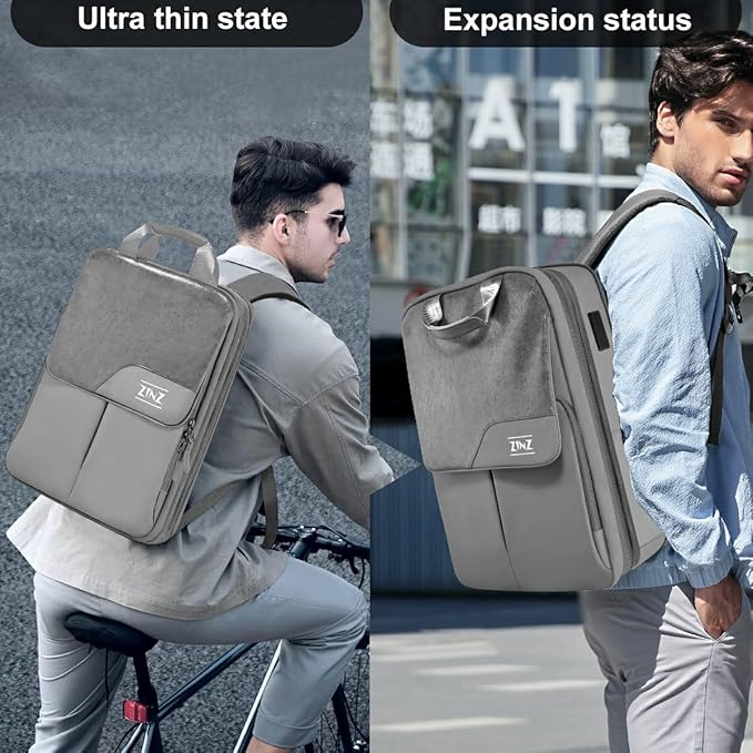 ZINZ Slim & Expandable Laptop Backpack 15.6 16 17 inch Travel Business Backpack Water-Resistant Daypack for Men and Women,Grey