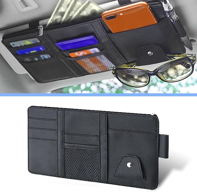 Pack-1 Car Sun Visor Organizer, 11.4In x 5.9In Multi-Functional Pocket Business Card Holder, Universal Car Interior Receiving, for Most Cars, Trucks and Vans (Black)
