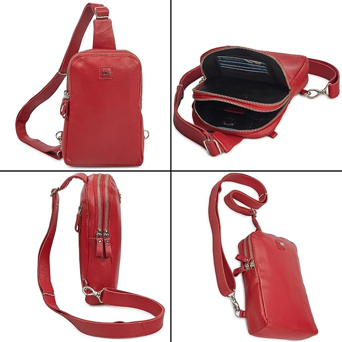 Leather Sling Bag for Women Genuine Crossbody Purse Small Trendy Cross Over Chest with Phone and Credit Card Slots (Red Nappa)