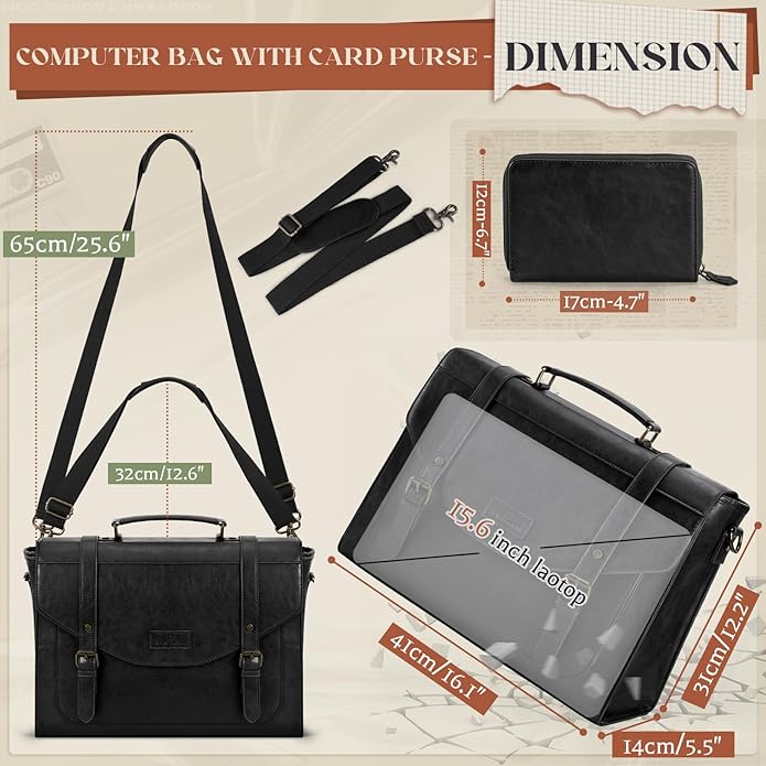 RAINSMORE Flap Messenger Bag for Men Vintage PU Leather Laptop Bag 15.6 Inch Retro Briefcase with Wallet Satchel Computer Bag